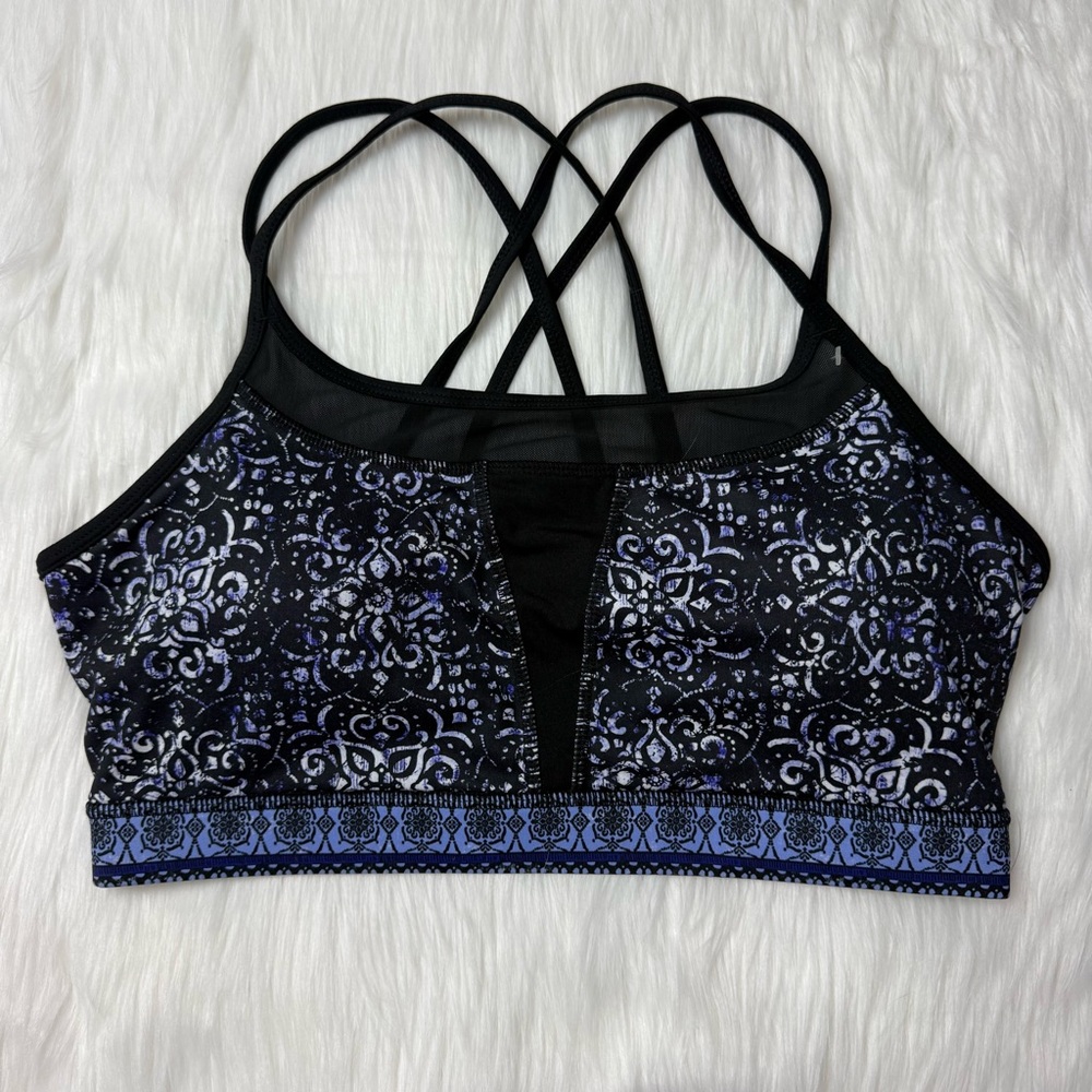 Gaiam Strappy Paisley Sports Bra Racerback Blue & Black Mesh Pilates Yoga Padded